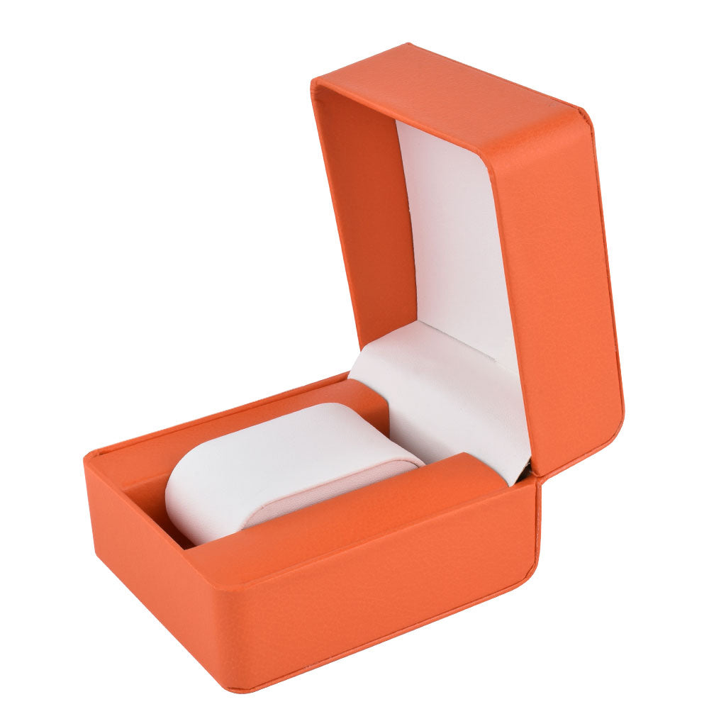 Open orange one-watch presentation box with a fitted white cushion on a plain background.