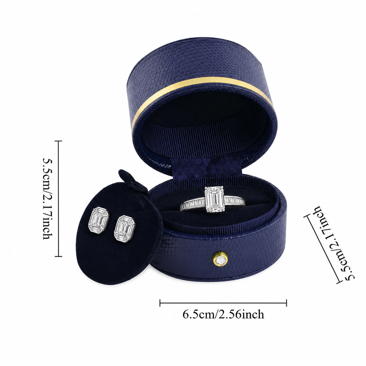 Blue oval ring box L022R with a ring and earrings, showing box dimensions in centimeters and inches.