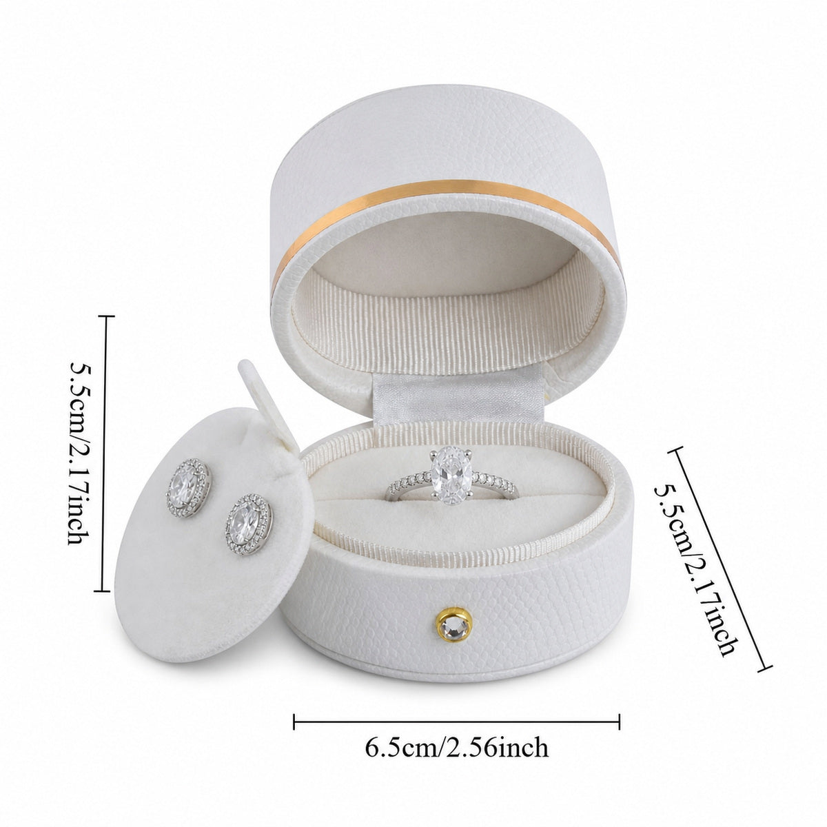 White oval ring box L022R with a ring and earrings, showing box dimensions in centimeters and inches.