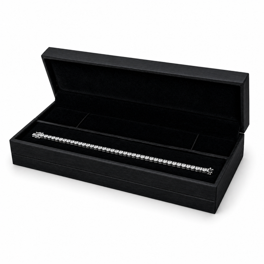 Black PU bracelet box open in three-quarter view with diamond tennis bracelet