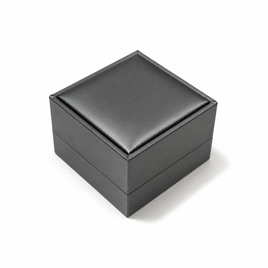Closed gray PU double ring box on a white background