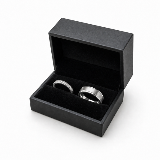 Open gray PU double ring box displaying a matching wedding ring pair