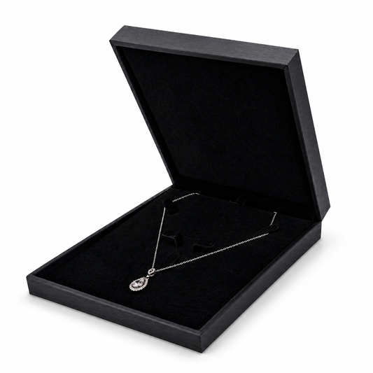 Black PU necklace box open in three-quarter view with diamond pendant necklace