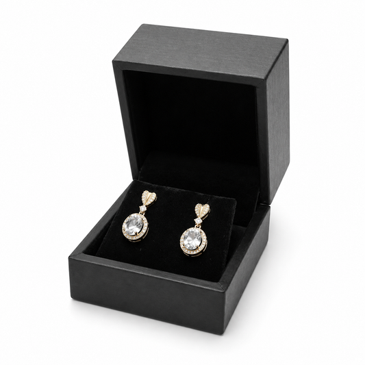 Open black PU earring box displaying diamond drop earrings