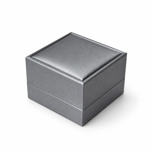 Closed gray PU earring box on a white background