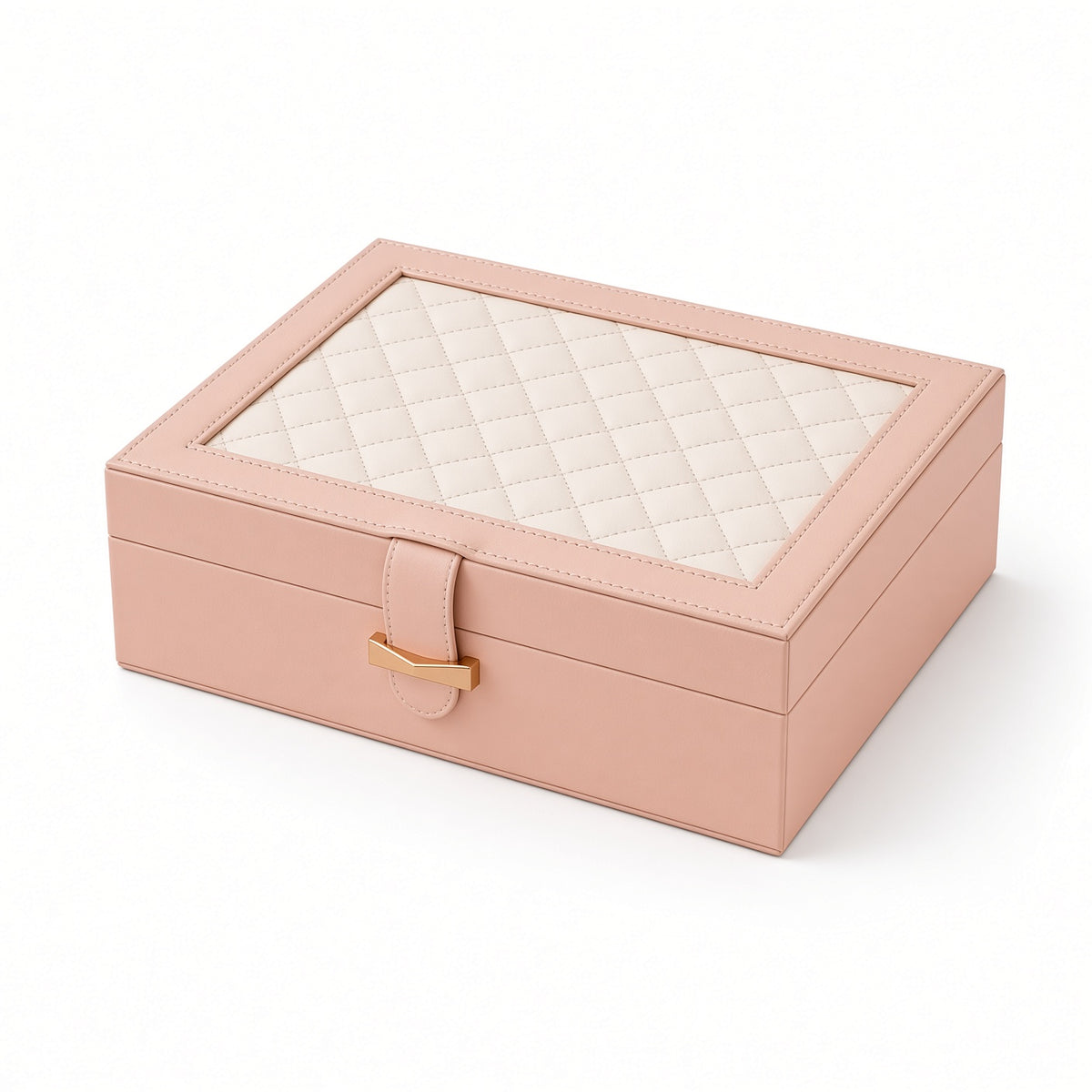 Peach pink jewelry case with ivory diamond-stitched lid and gold-tone strap bar