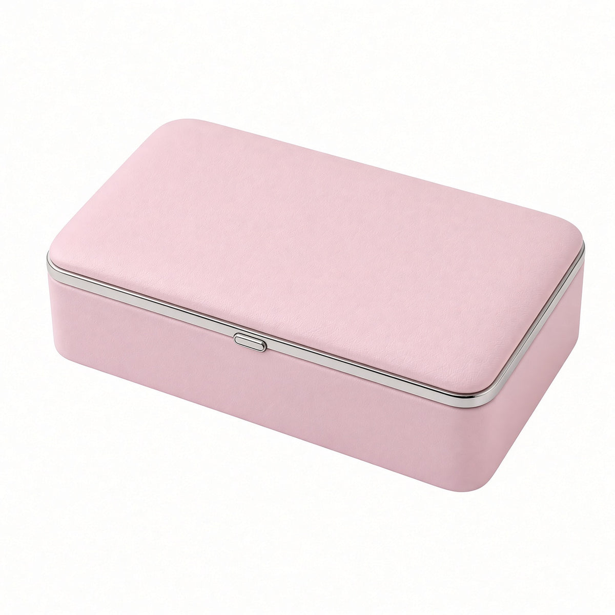 Pink metal-clasp travel jewelry box shown closed on white background