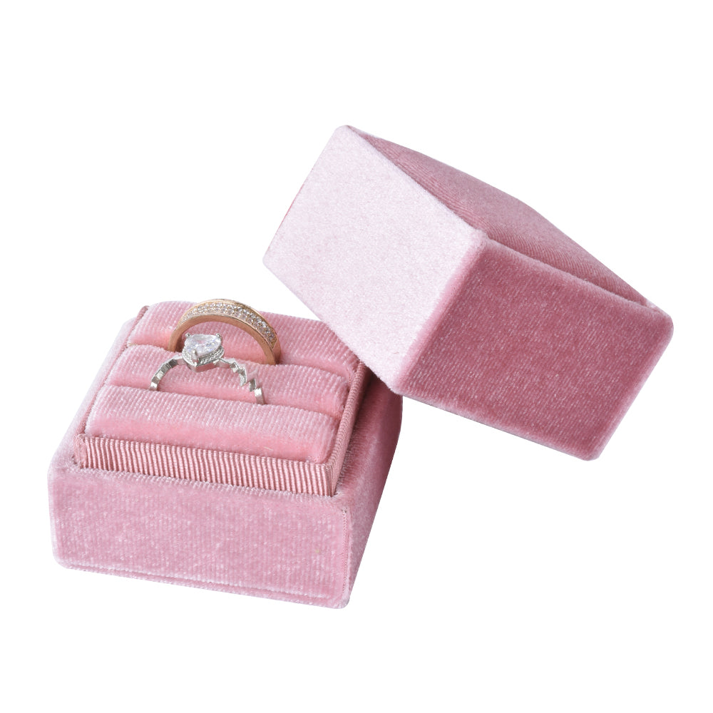 Pink Square Double Velvet Ring Box, product view 2