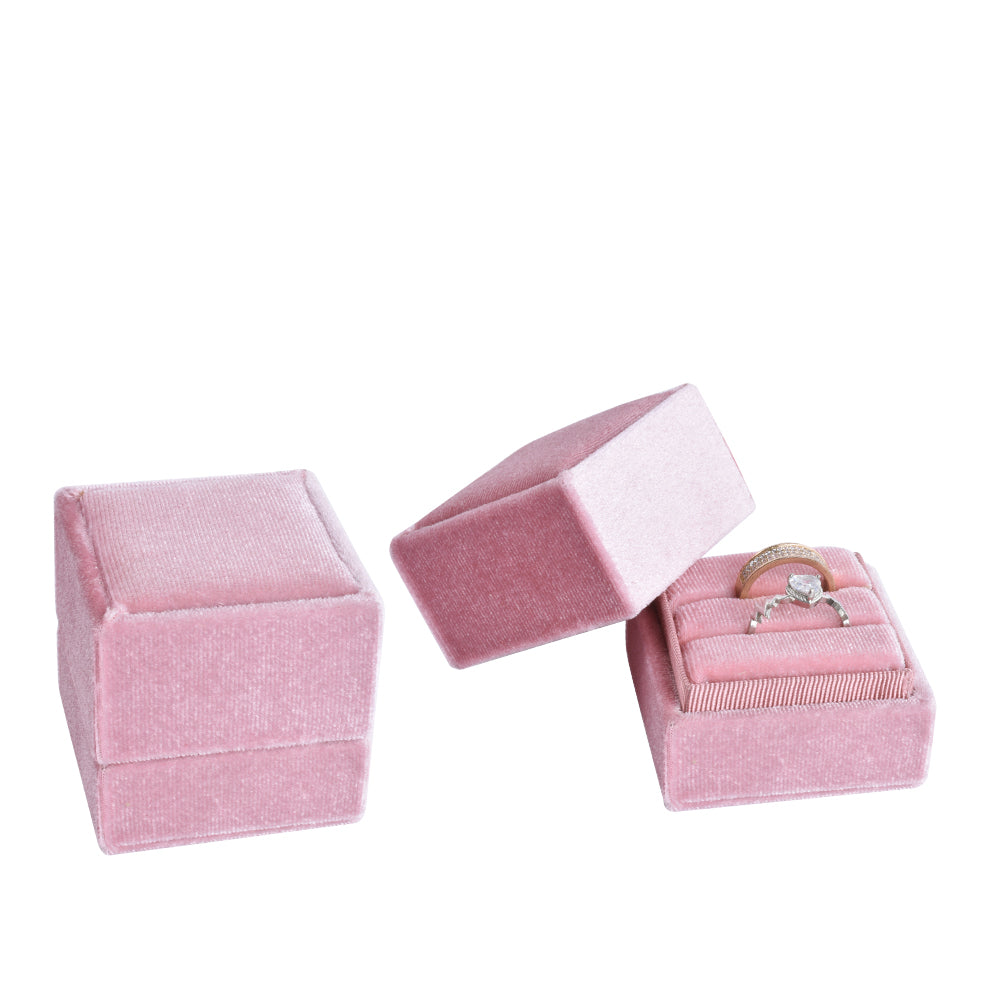 Pink Square Double Velvet Ring Box, product view 1