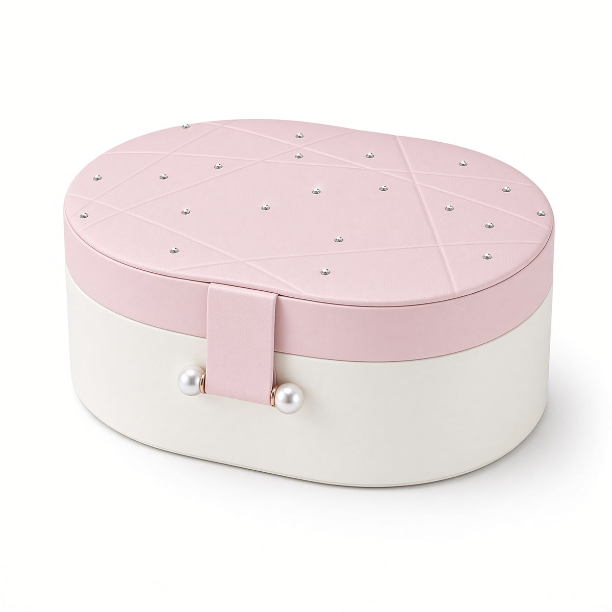 Pink and white oval jewelry case with rhinestone lid and pearl-style clasp
