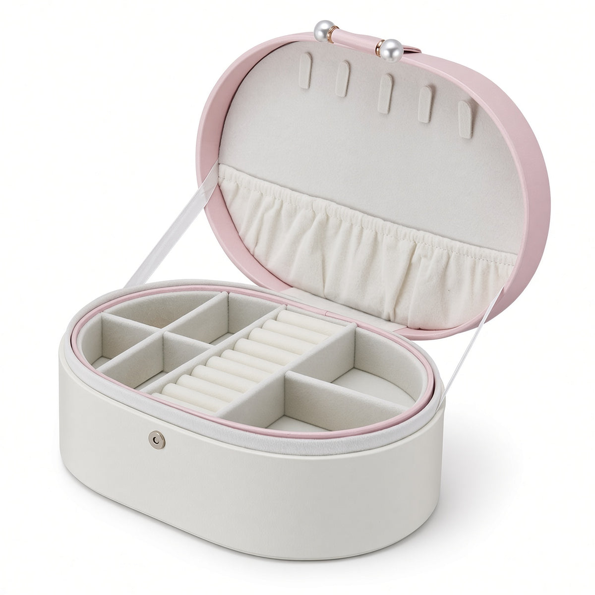 Open pink and white oval organizer with five necklace hooks and divided tray