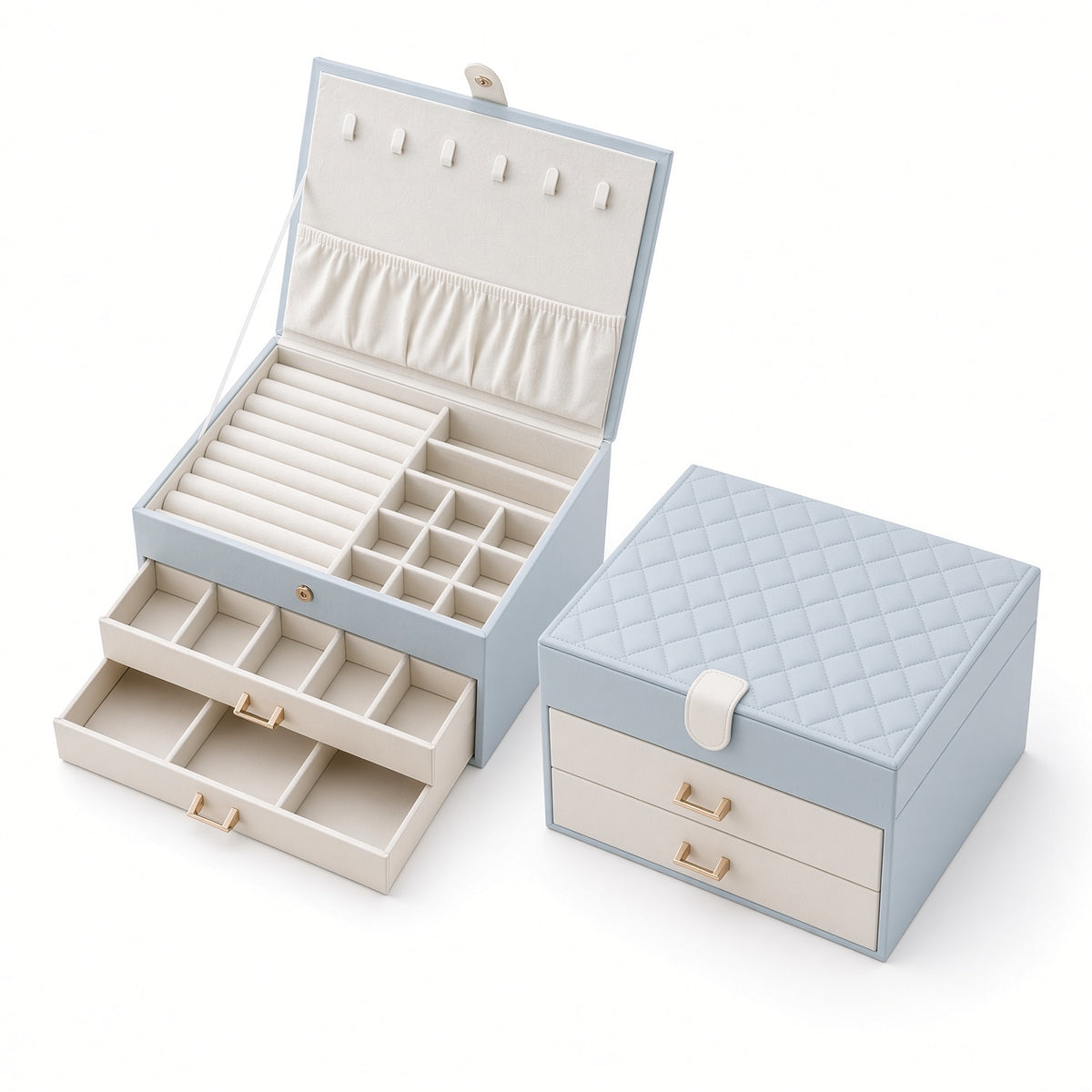 Quilted 3 layer jewelry box shown open with two drawers beside a closed matching case