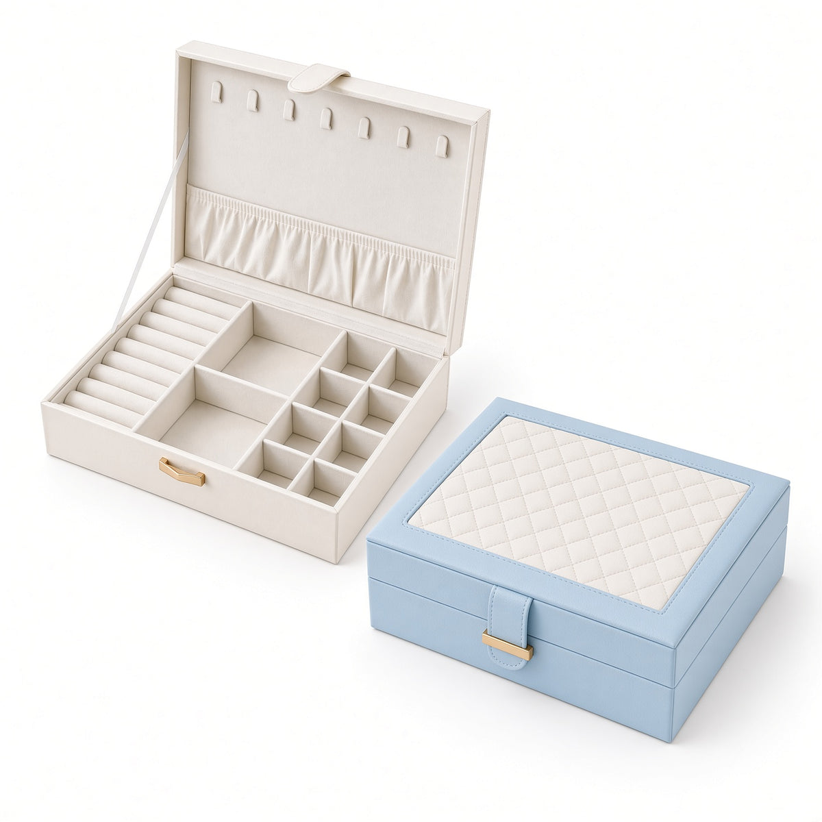 Quilted jewelry box with necklace holder shown open beside a closed two-tone box