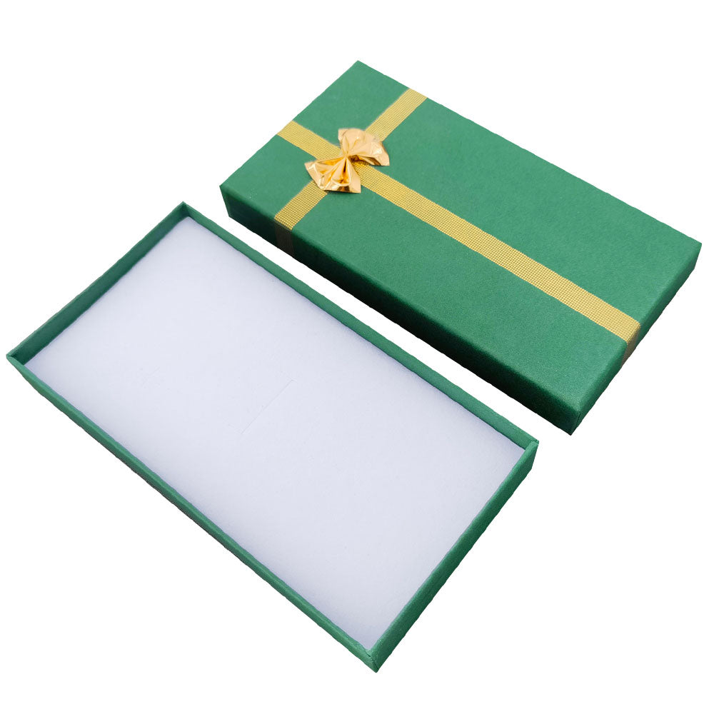 Green ribbon paper necklace jewelry gift box, open interior view