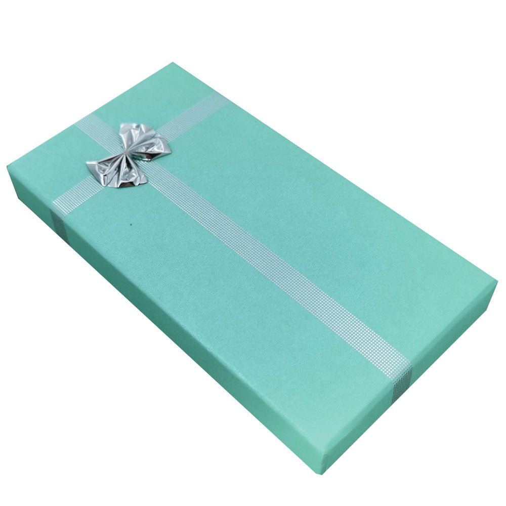 Lake Blue ribbon paper necklace jewelry gift box, closed angle view