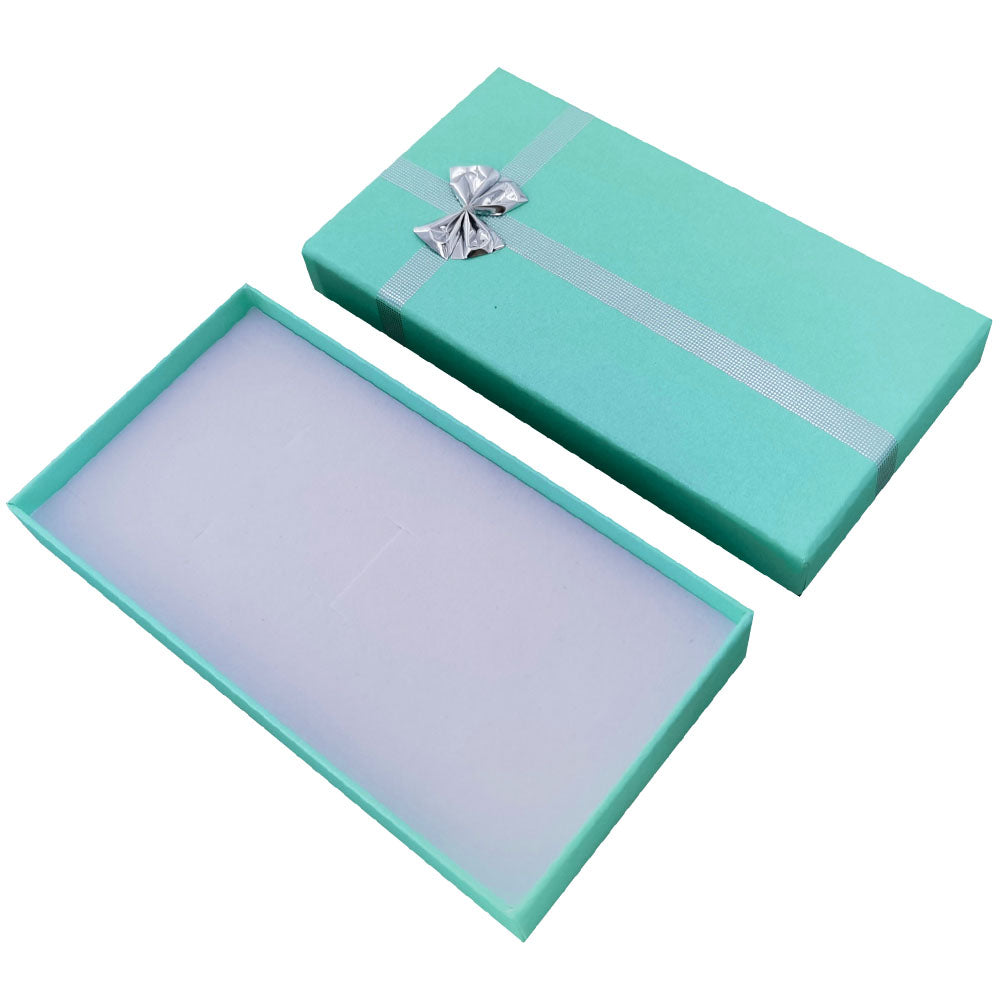 Lake Blue ribbon paper necklace jewelry gift box, open interior view