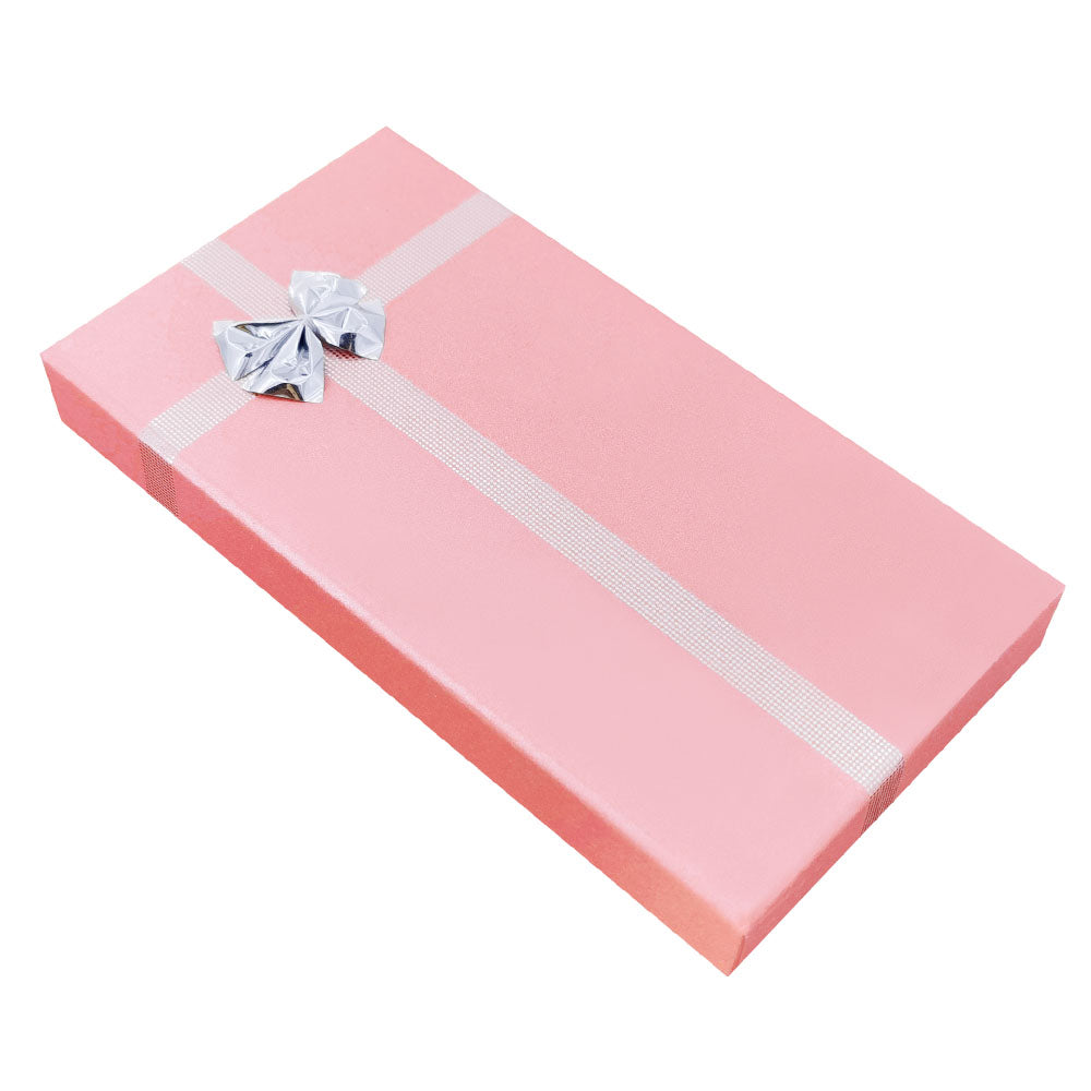 Pink ribbon paper necklace jewelry gift box, closed angle view