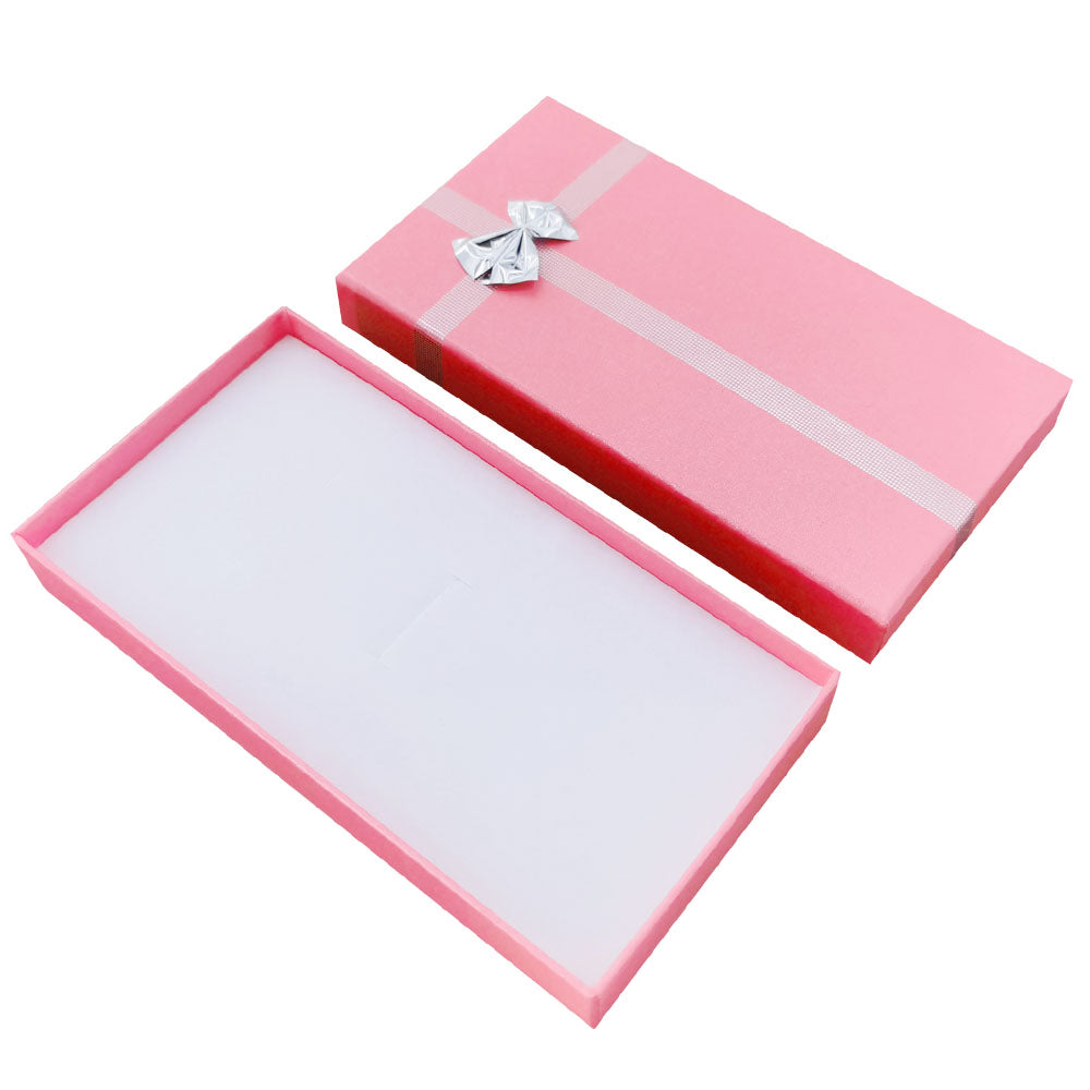 Pink ribbon paper necklace jewelry gift box, open interior view