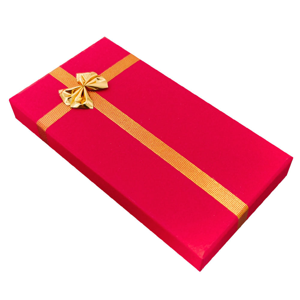 Red ribbon paper necklace jewelry gift box, closed angle view