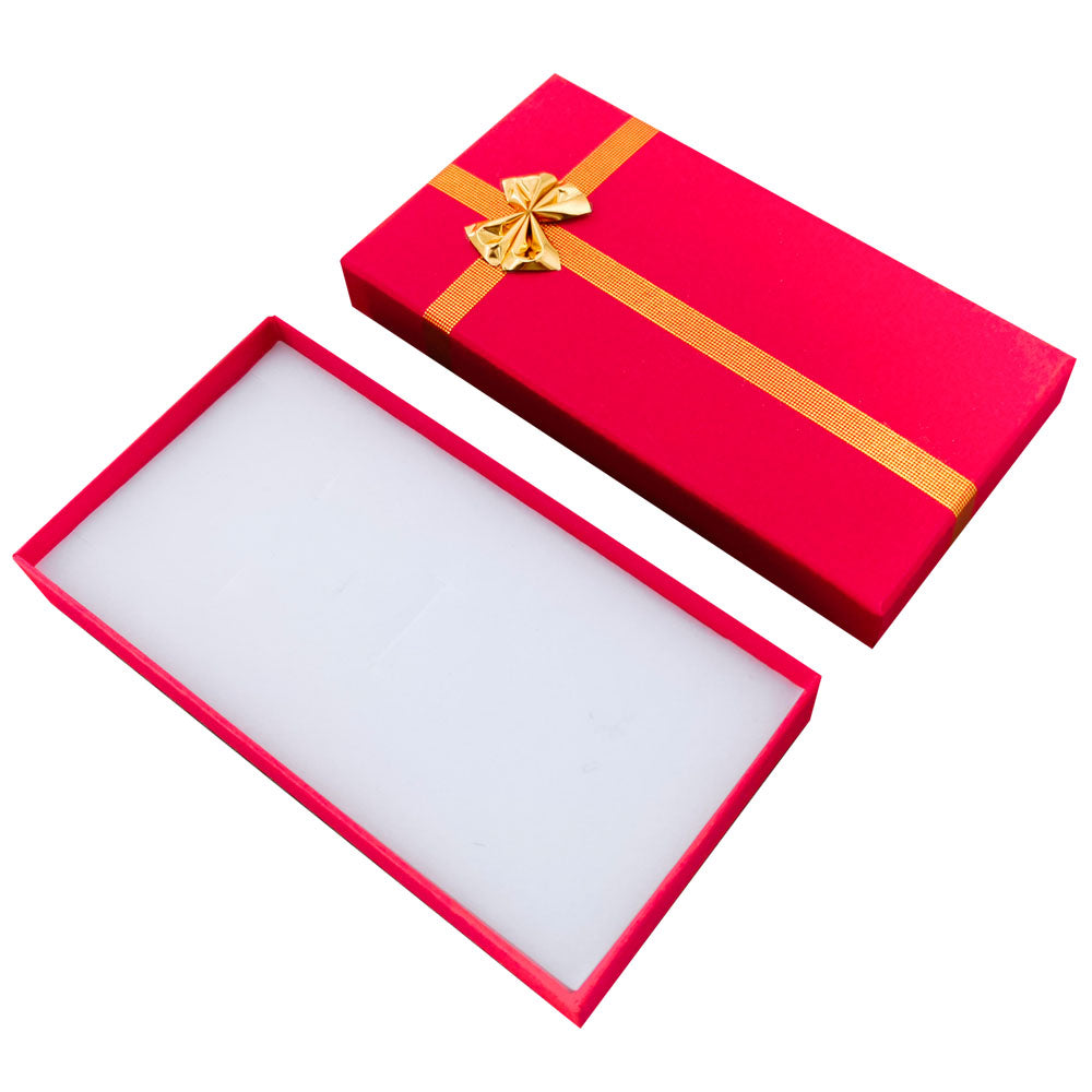 Red ribbon paper necklace jewelry gift box, open interior view