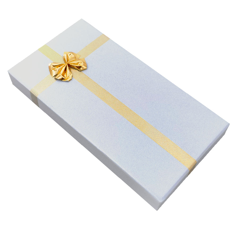 Silver Gray ribbon paper necklace jewelry gift box, closed angle view