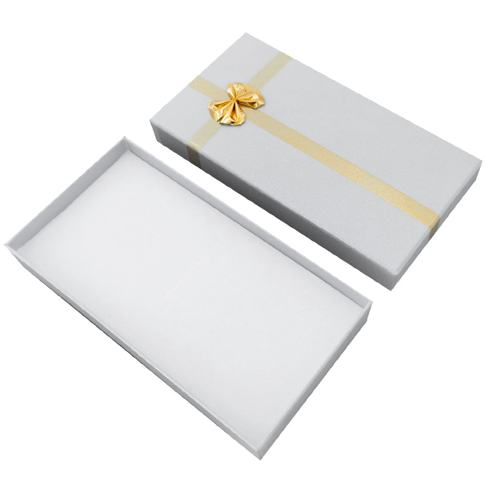 Silver Gray ribbon paper necklace jewelry gift box, open interior view