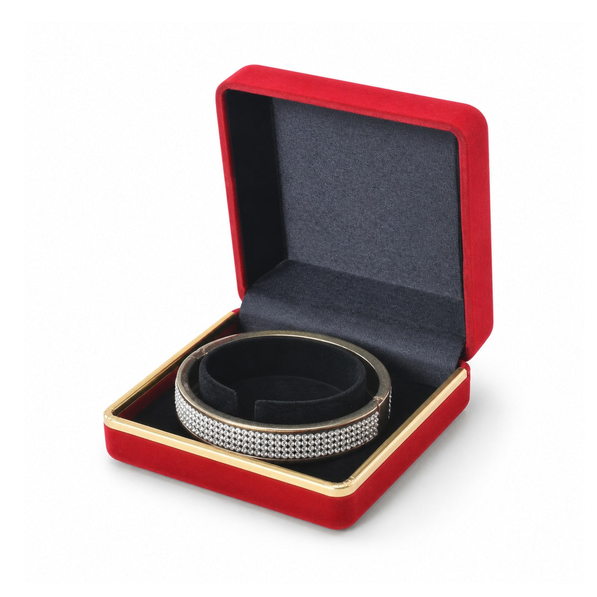 Red Flocked Bangle Boxes with Gold Trim open with bangle, three-quarter view.