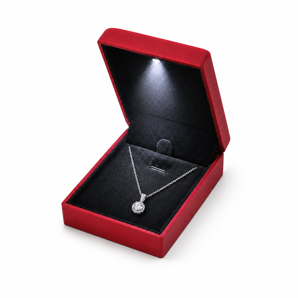 Red LED Necklace Box with Black Interior for Pendant Presentation