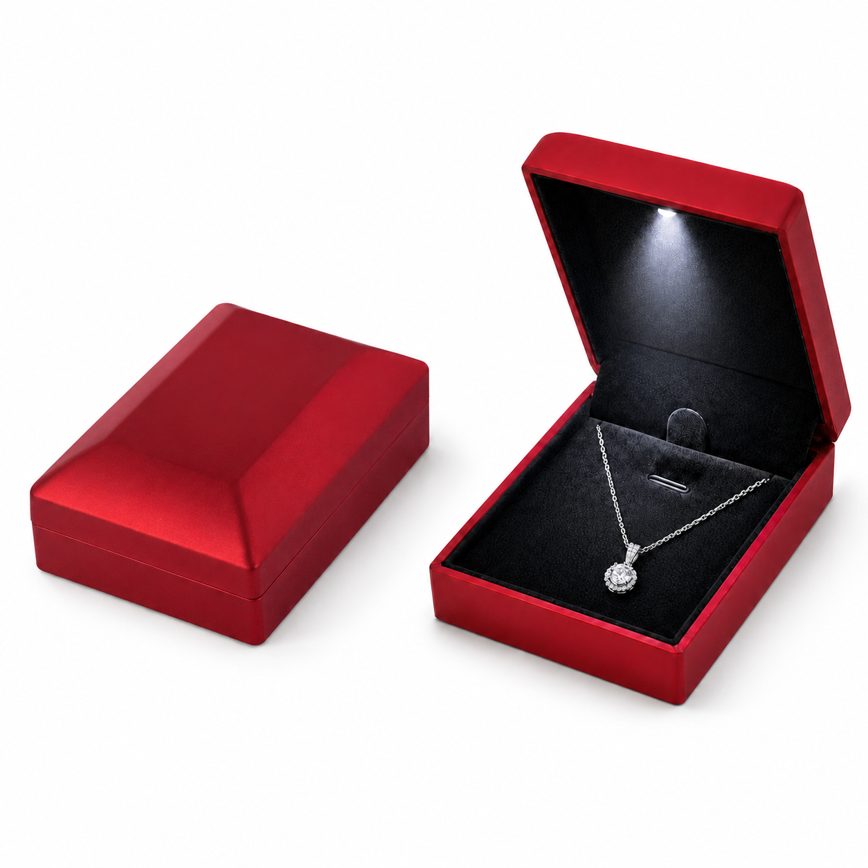 Red LED Necklace Box with Black Interior for Pendant Presentation