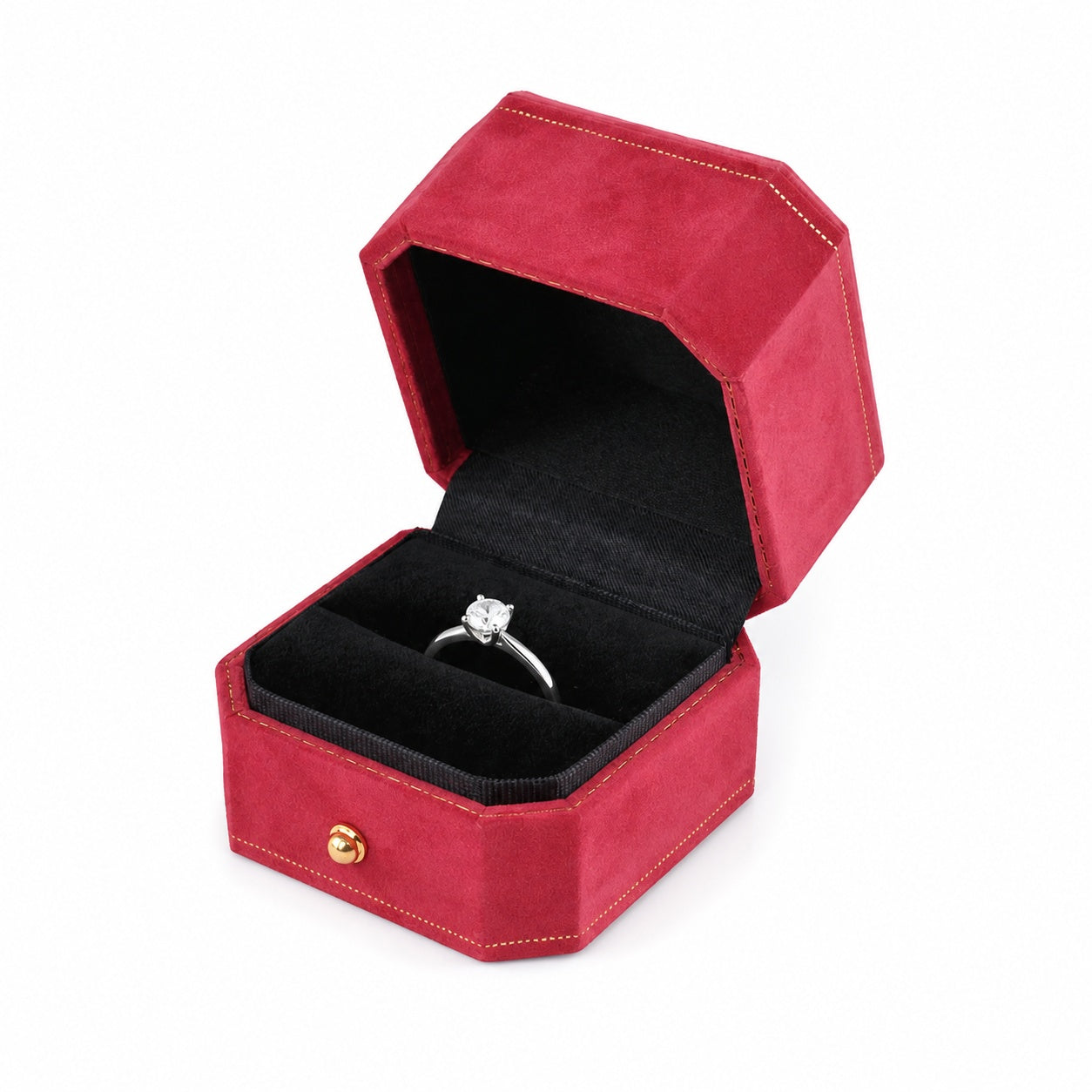 Red Octagonal Velvet Ring Boxes shown as one open box with jewelry display props