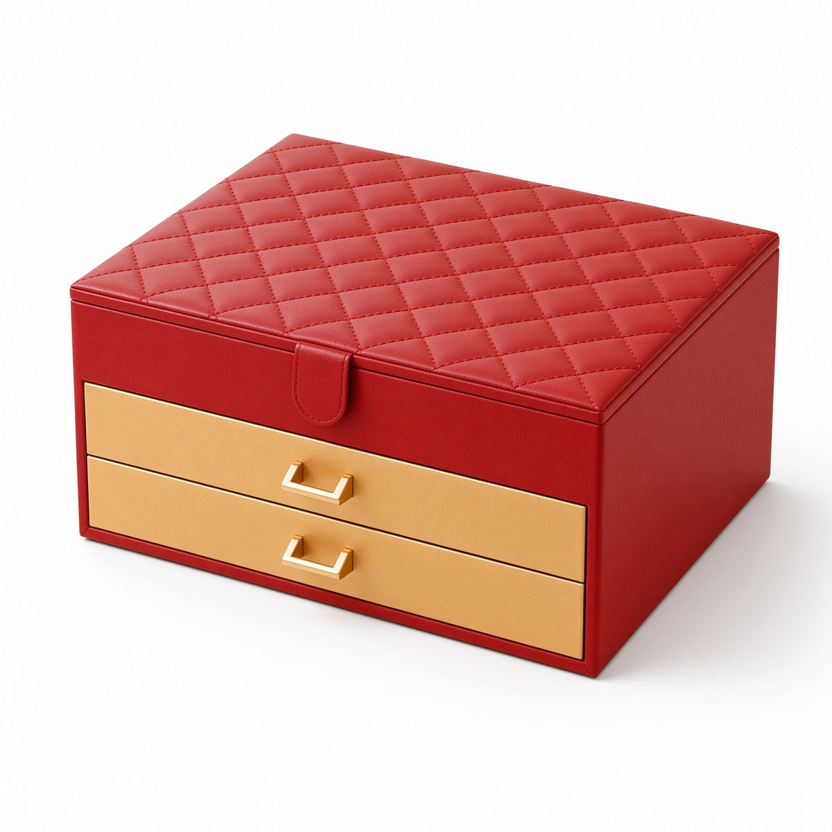 Red quilted jewelry case with contrasting gold-tone drawer fronts