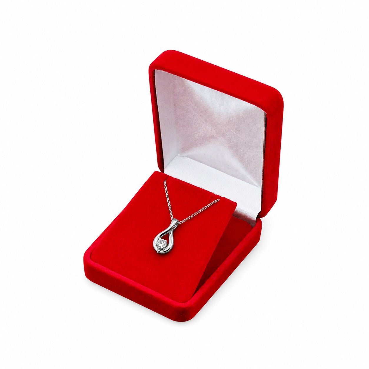 One open red rectangular velvet pendant box displaying jewelry