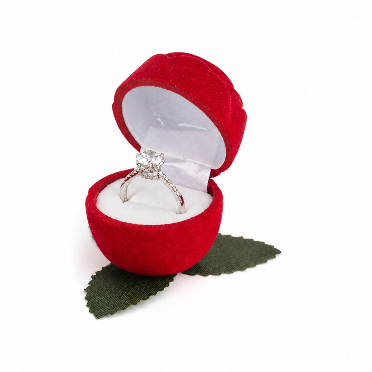 Red Rose Ring Boxes without Stems shown as one open box with jewelry display props