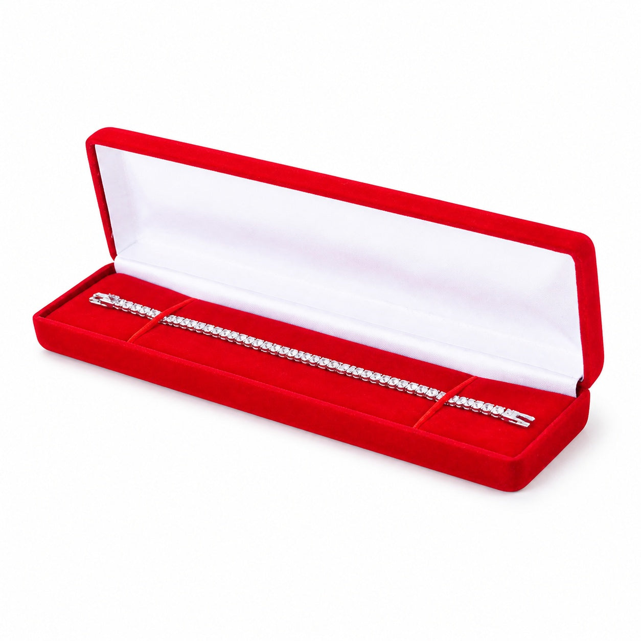 Red Velvet Bracelet Boxes shown as one open box with jewelry display props