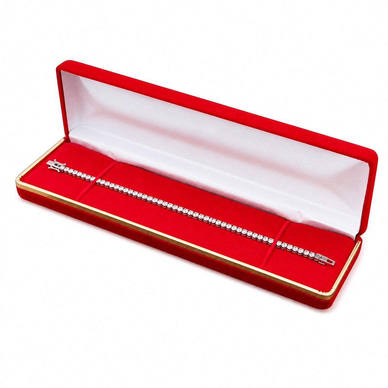 Red Velvet Bracelet Boxes with Gold Trim shown as one open box with jewelry display props