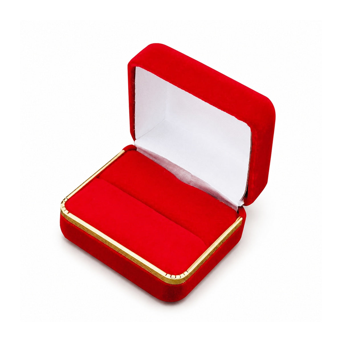 Red velvet double ring box with gold trim open empty insert view.