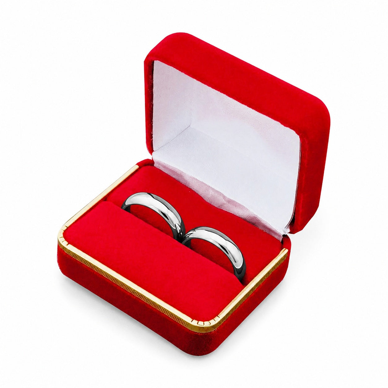 Red Velvet Double Ring Boxes with Gold Trim shown as one open box with jewelry display props
