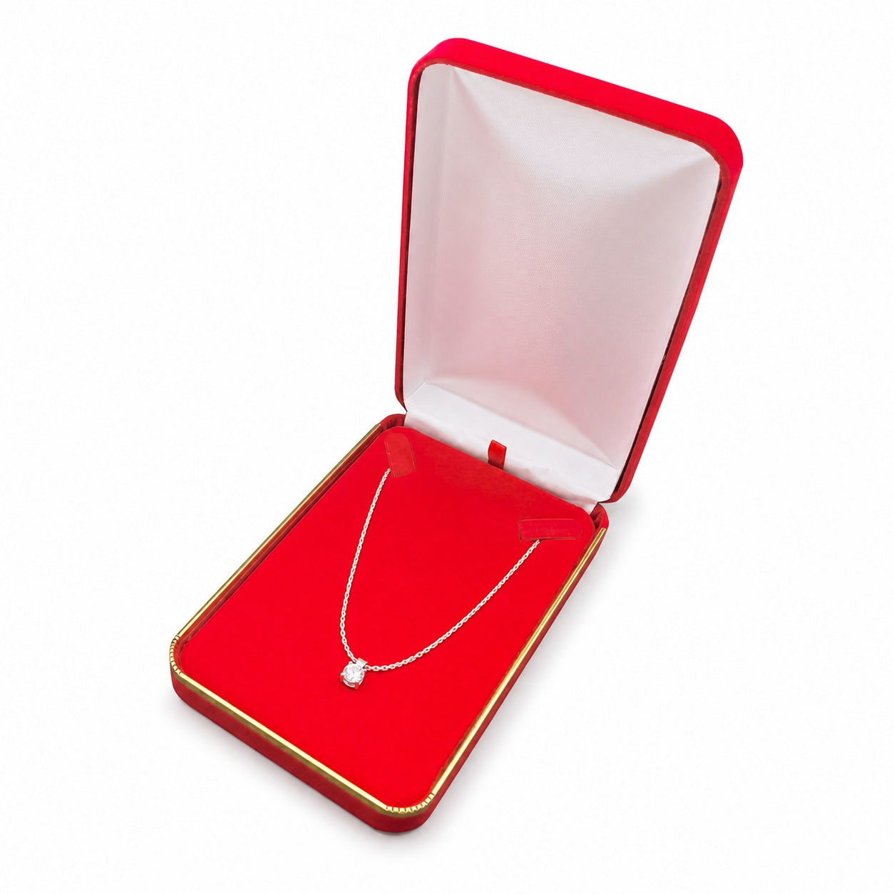 Red Velvet Necklace Boxes with Gold Trim shown as one open box with jewelry display props
