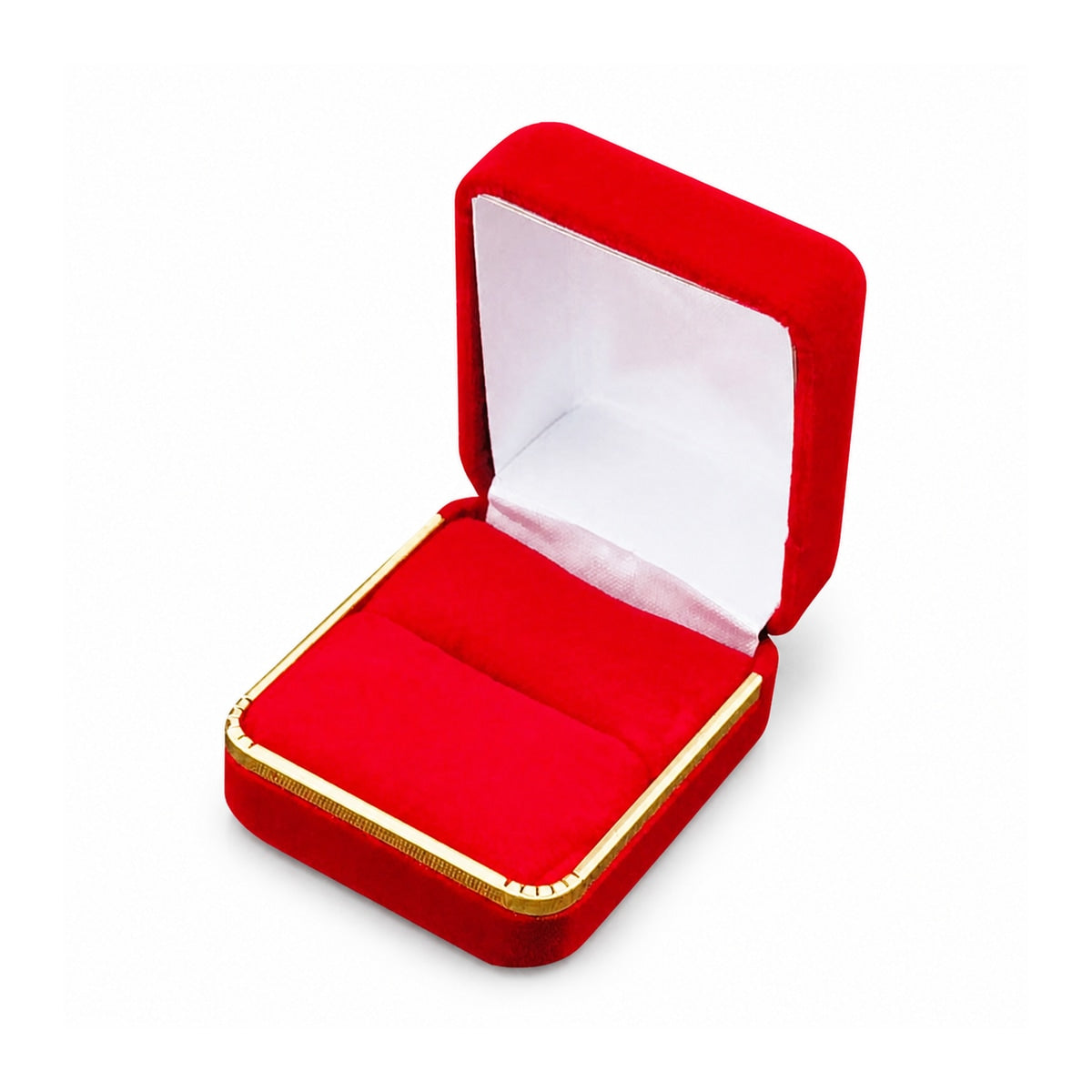 Red velvet single ring box with gold trim open empty insert view.