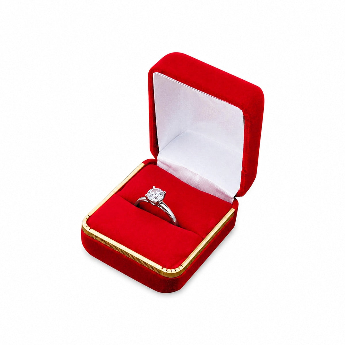 Red Velvet Single Ring Boxes with Gold Trim shown as one open box with jewelry display props