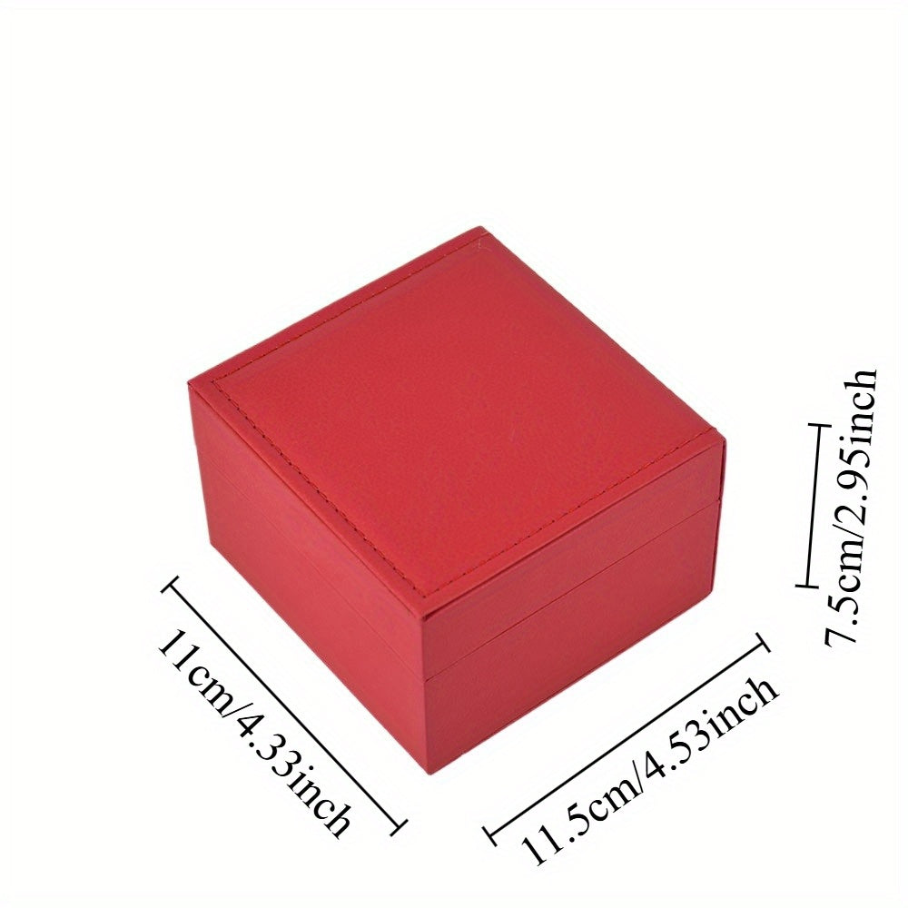 Red watch presentation case shown open with a padded interior for one timepiece.