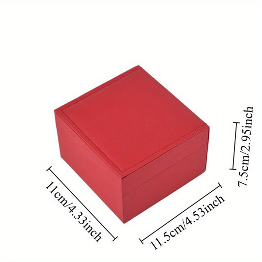 Red watch presentation case shown open with a padded interior for one timepiece.