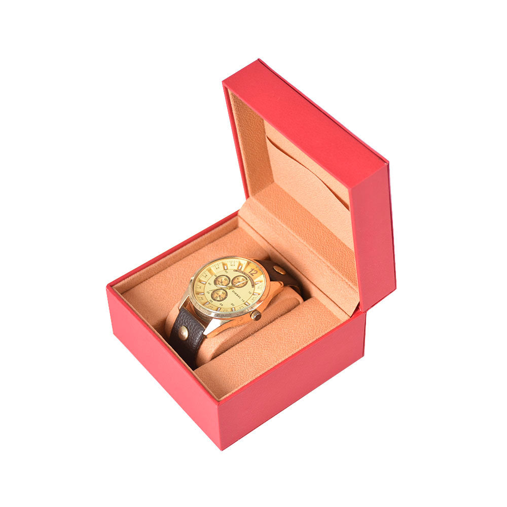 Open red single watch gift box with a tan cushioned insert on a white background.