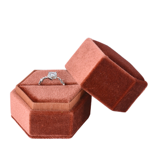 ring box - Brown Hexagonal Velvet Ring Box V09-R1 CO front view