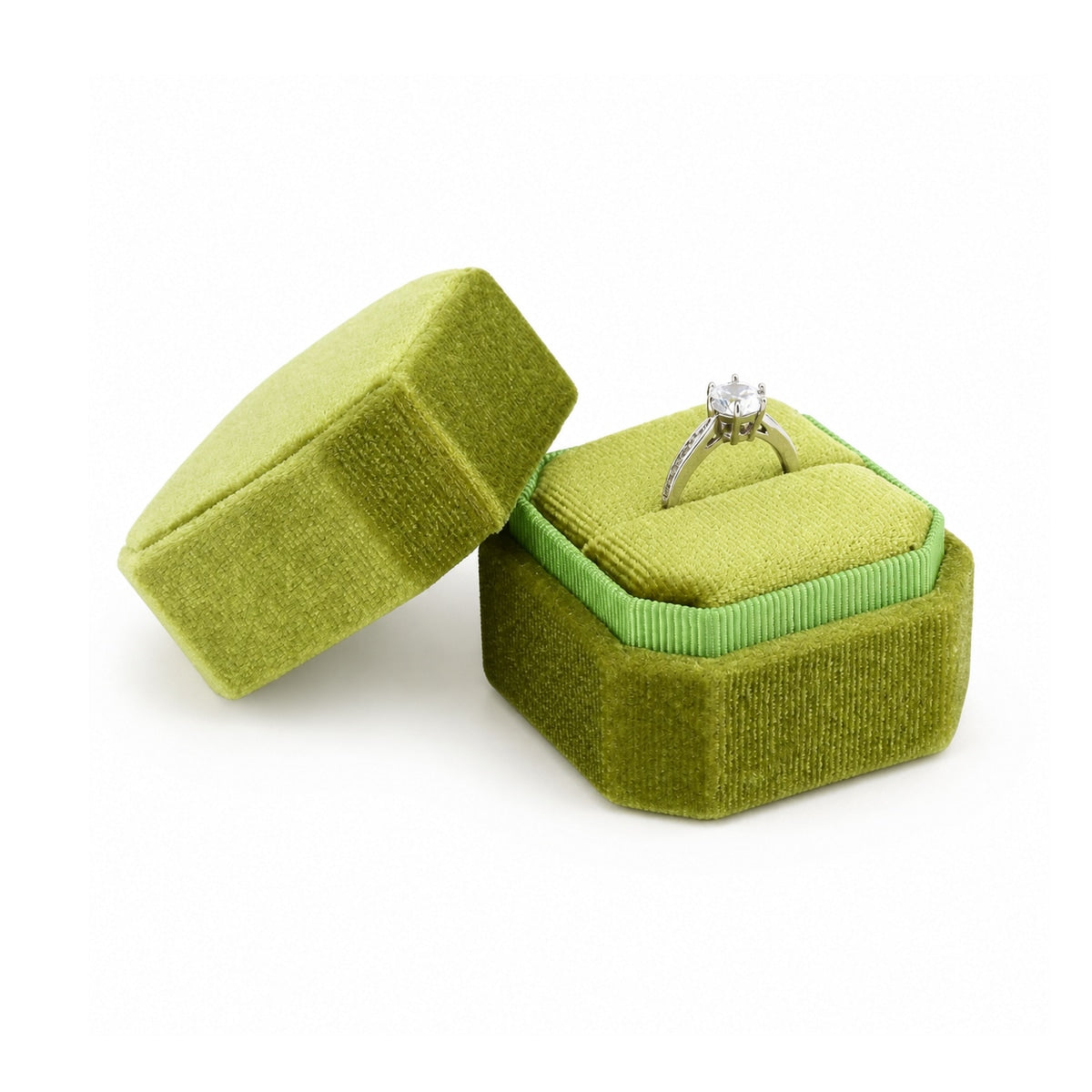 ring box - Green Octagonal Velvet Ring Box VW11G front view