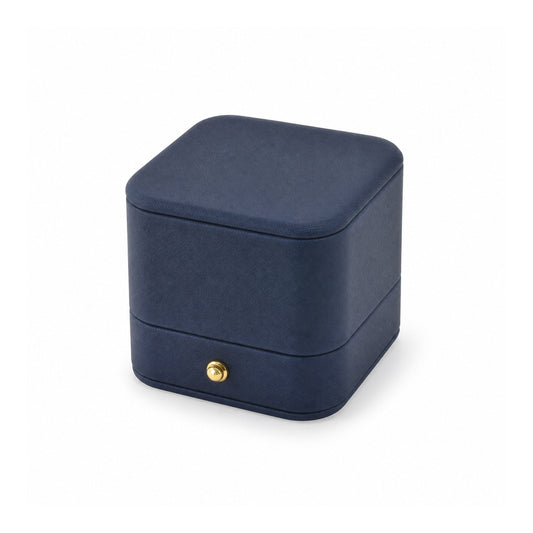 navy blue PU ring box, closed exterior in a three-quarter view.