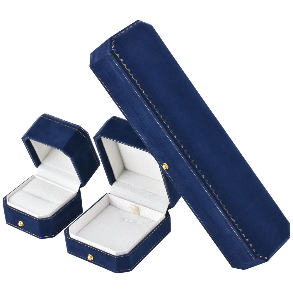 ring box and pendant box and bracelet box - Blue Octagonal Velvet Ring Boxes - 12 Pack V17-R1 B W-12Pcs side view
