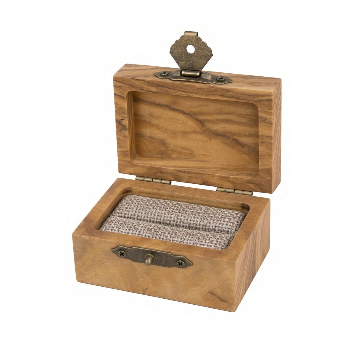 Olive wood ring box open with a burlap ring slot