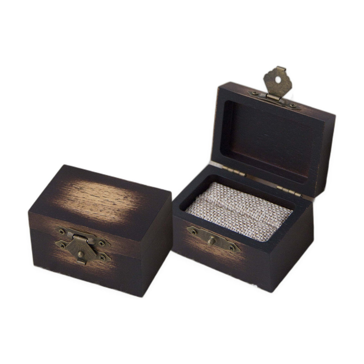 Dark wooden ring box shown open and closed with brass latch and burlap insert