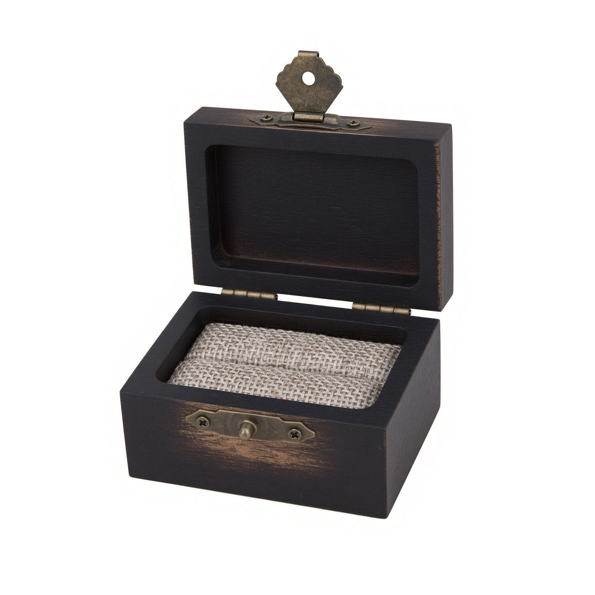 Dark scorched wooden ring box open with a single burlap ring slot